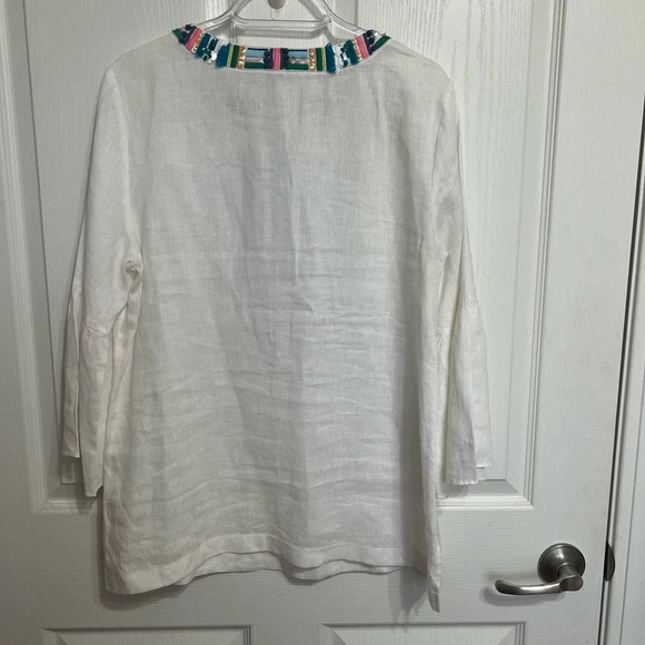 Talbots 100% Linen White Embroidered Fish  Shirt Bell Sleeves Size M - Picture 10 of 13
